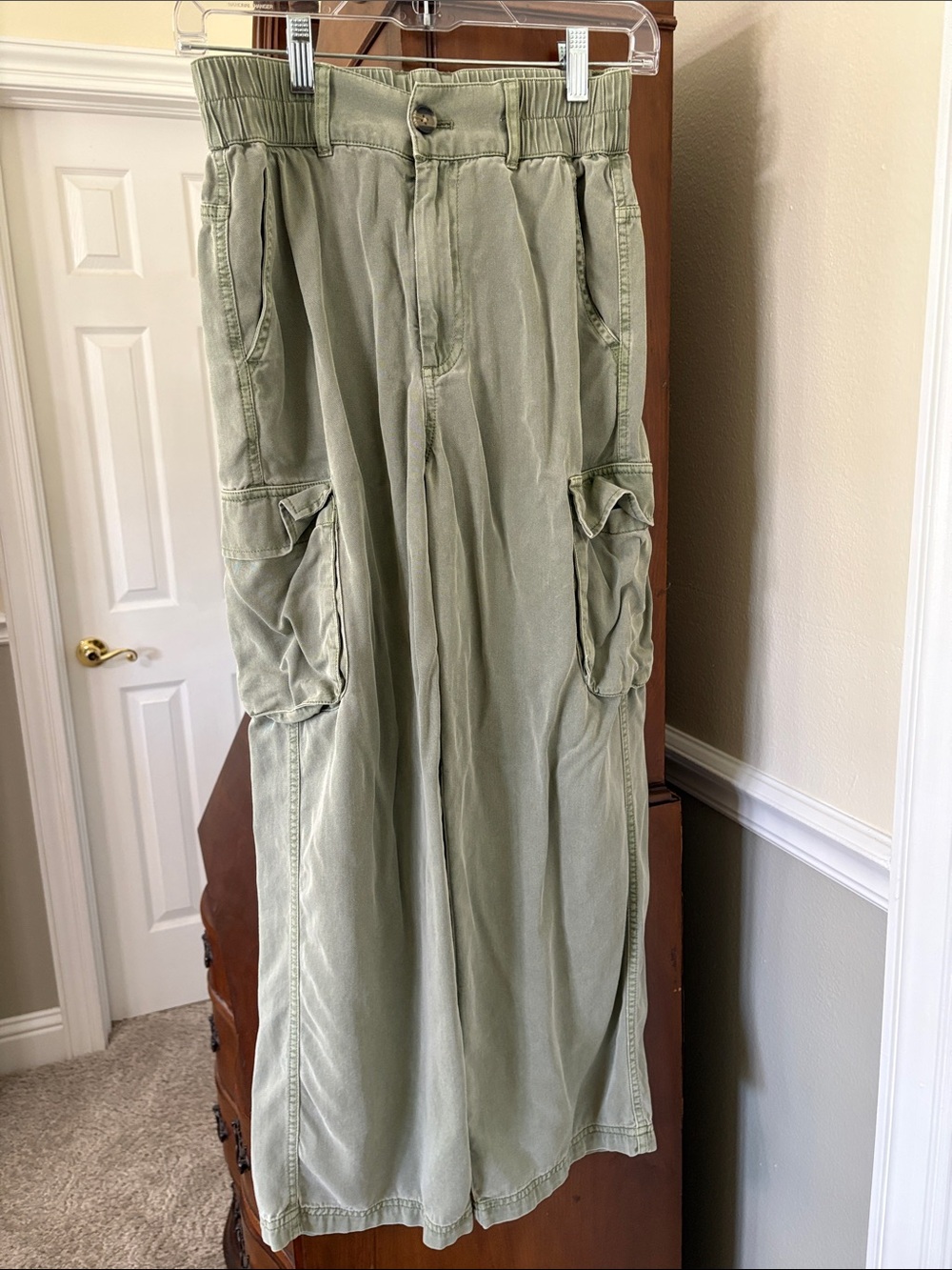 Treasure & Bond Washed Light Olive Green Cargo Utility Wide Leg Pants BOHO